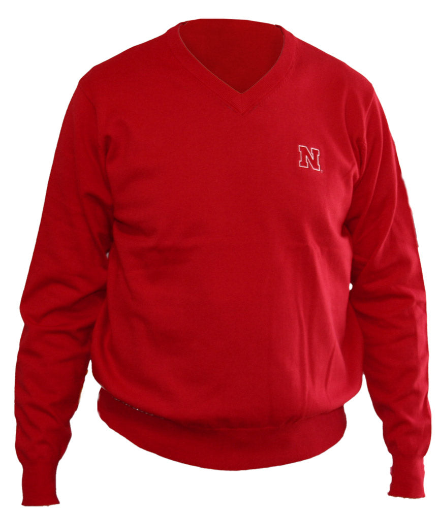 Red V Neck Men's Husker Sweater