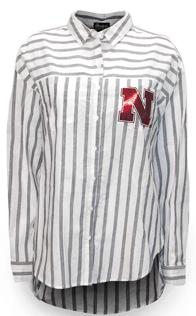 Huskers Boyfriend Plaid Button Down Top