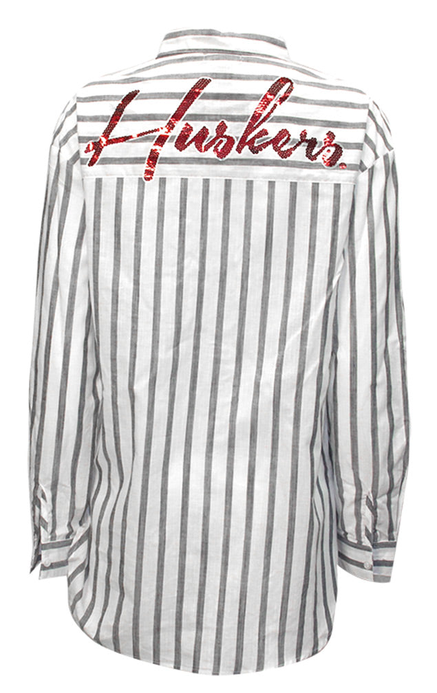 Huskers Boyfriend Plaid Button Down Top