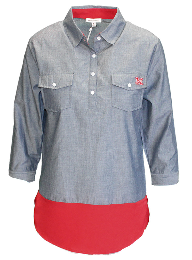 Husker Chambray 3/4 Sleeve Button Up