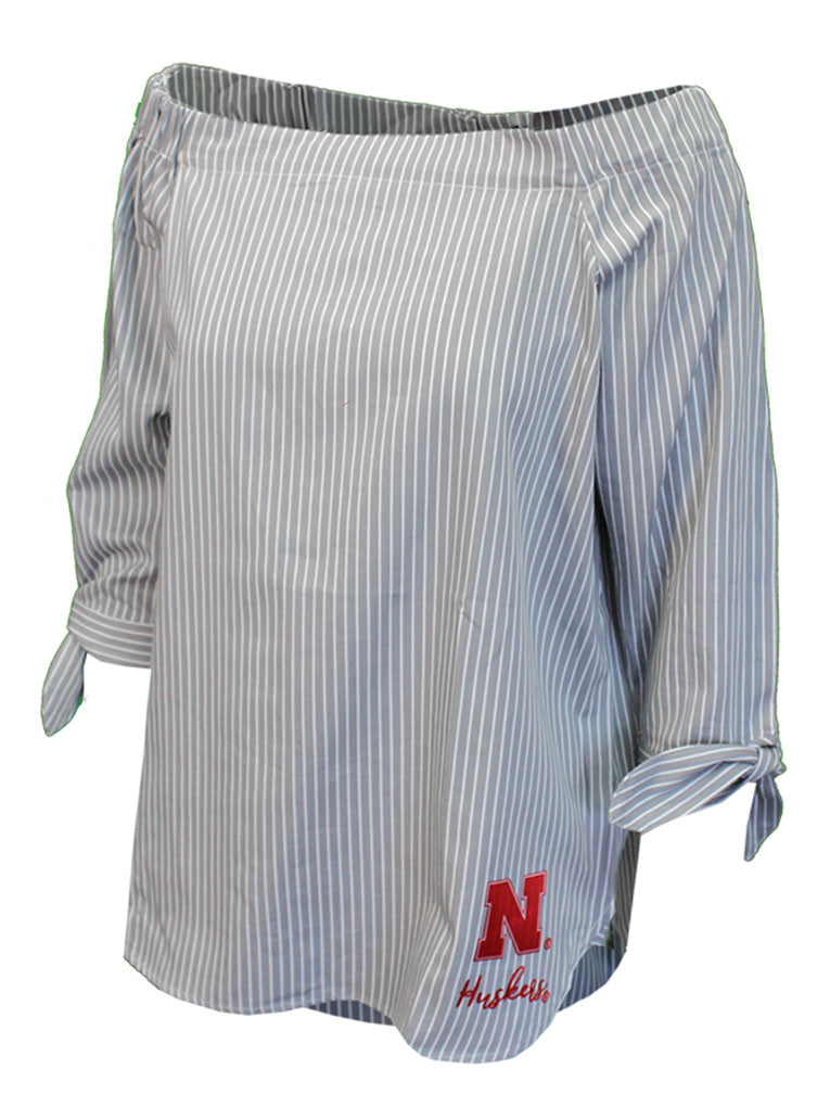Husker Shimmer N Pinstripe Off Shoulder Top