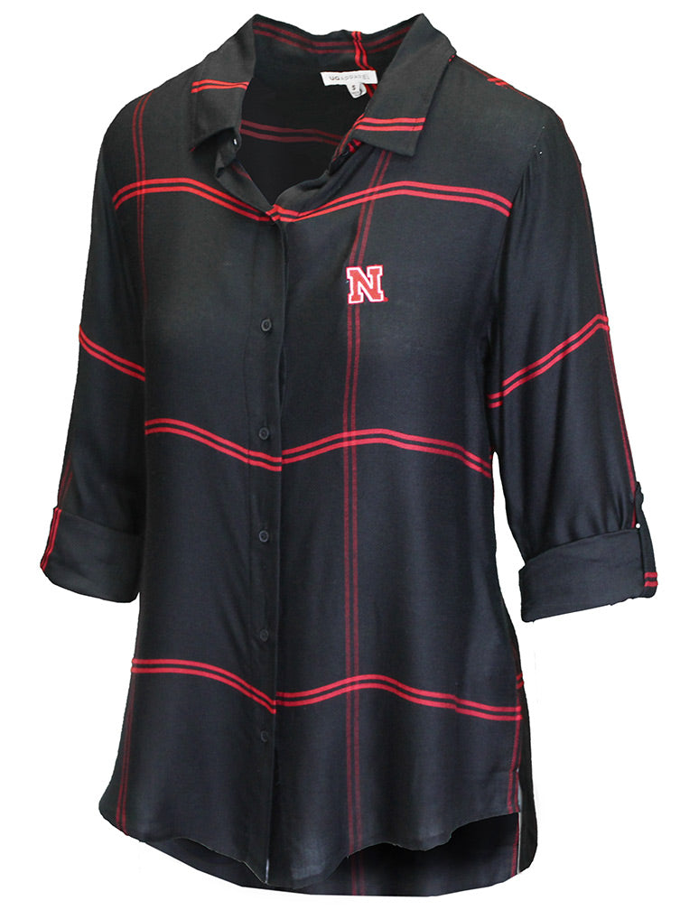 Lady Husker Boyfriend Satin Plaid Top - Black