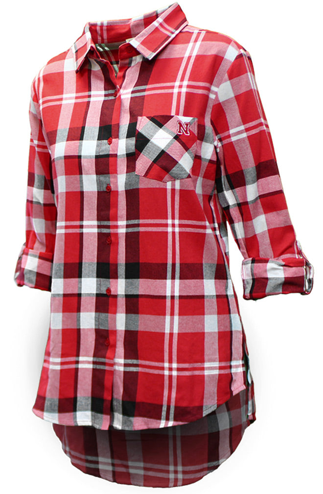 Husker Gals Boyfriend Plaid Button Up - Red