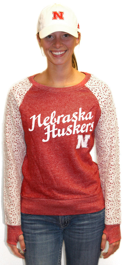 Red NE Huskers Lace Sleeve Pressbox