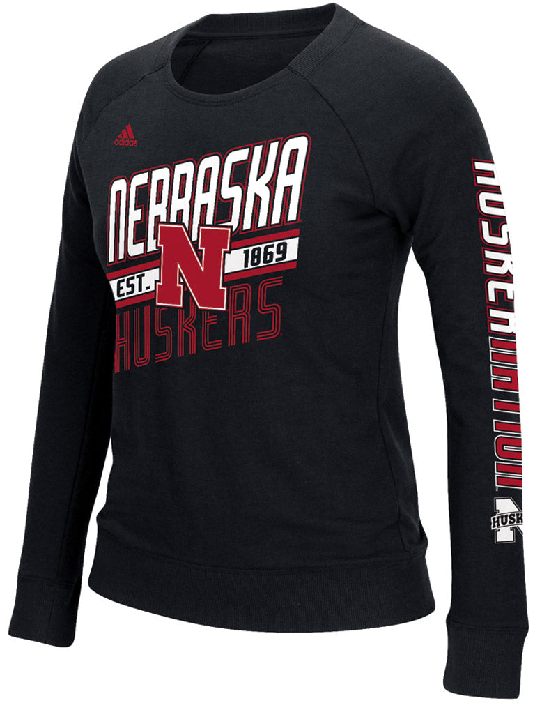 Ladies Adidas Nebraska Huskers Slant Crew - Black