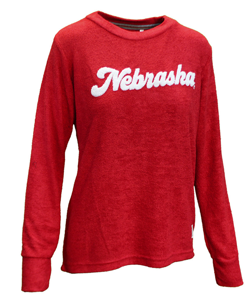 Ladies Chenille Cuddle Knit Nebraska Huskers Crew - Ruby