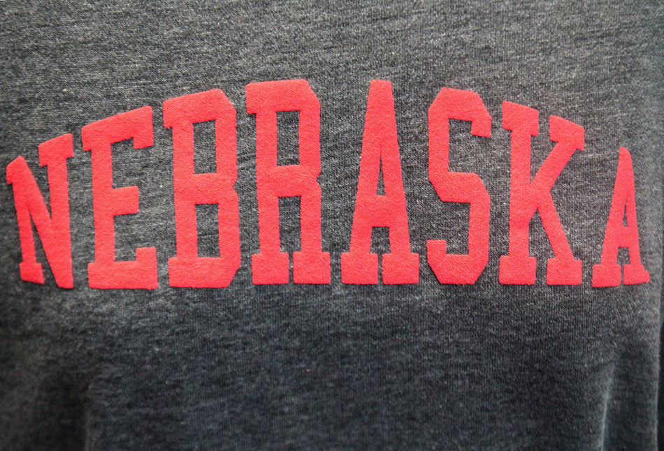 Womens Charcoal Nebraska Puff Print Campus Fleece Crop Sweatshirt