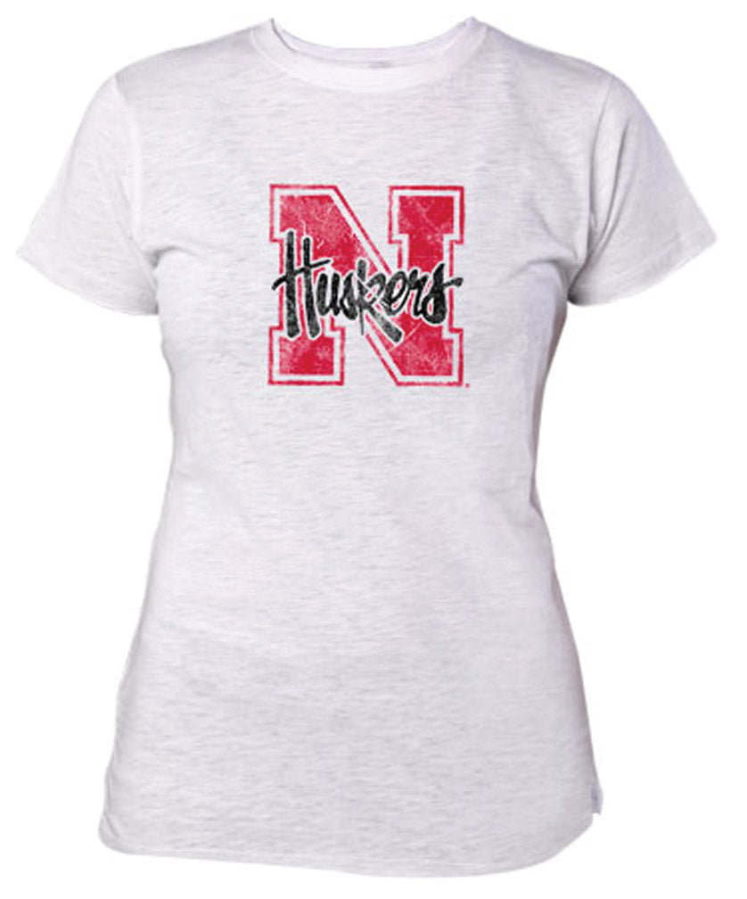 Ladies White N Huskers Distressed Tee