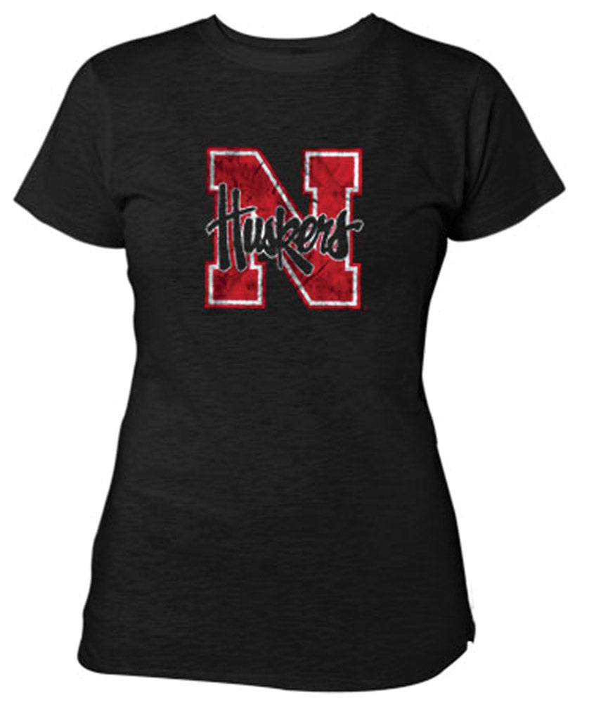 Ladies Black Distressed N Huskers Tee