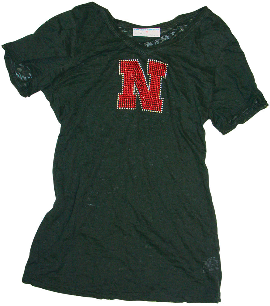 LADIES BLACK JUNIORS V NECK RHINESTON BURNOUT