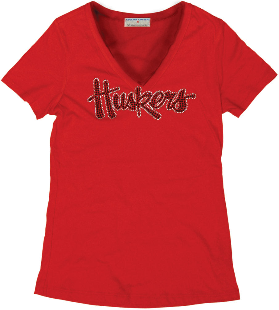 WOMENS RED V-NECK S/S TISSUE TEE W/ 'HUSKERS' IN BLING