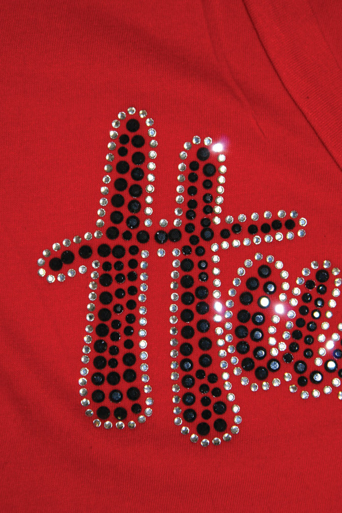 WOMENS RED V-NECK S/S TISSUE TEE W/ 'HUSKERS' IN BLING