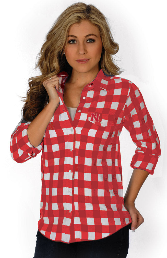Ladies Boyfriend Fit Plaid Shirt-Red