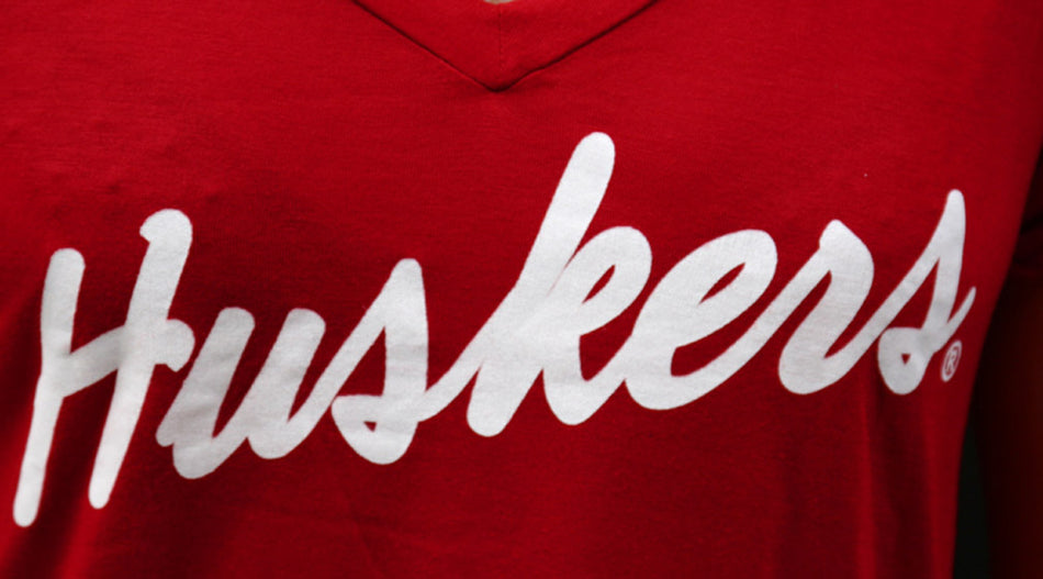 Red V-Neck Huskers in White