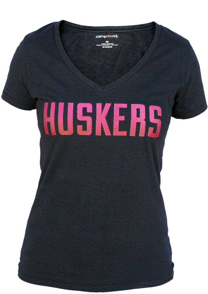 Women's Black Glitter Huskers Vneck Tee