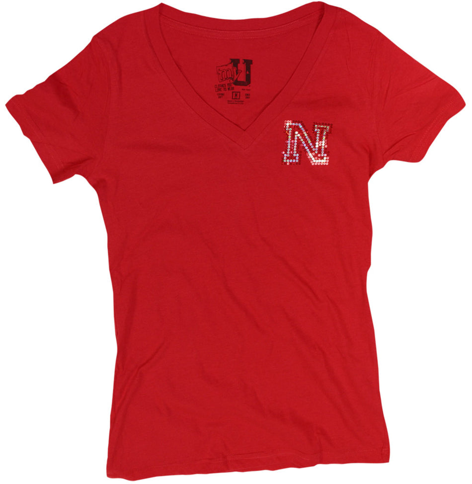 Red V-Neck with Huskers in Bling on Back