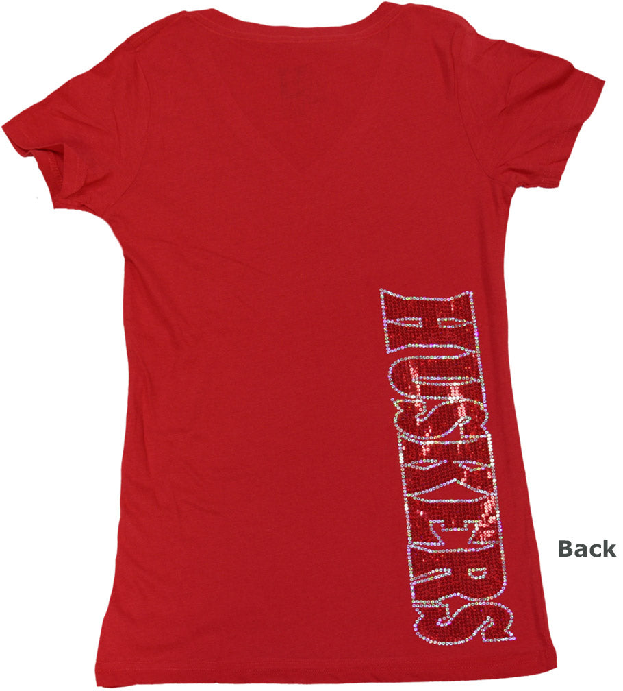 Red V-Neck with Huskers in Bling on Back