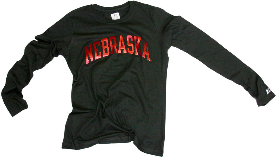Juniors Long Sleeve Black Tee with Red Shimmer Nebraska