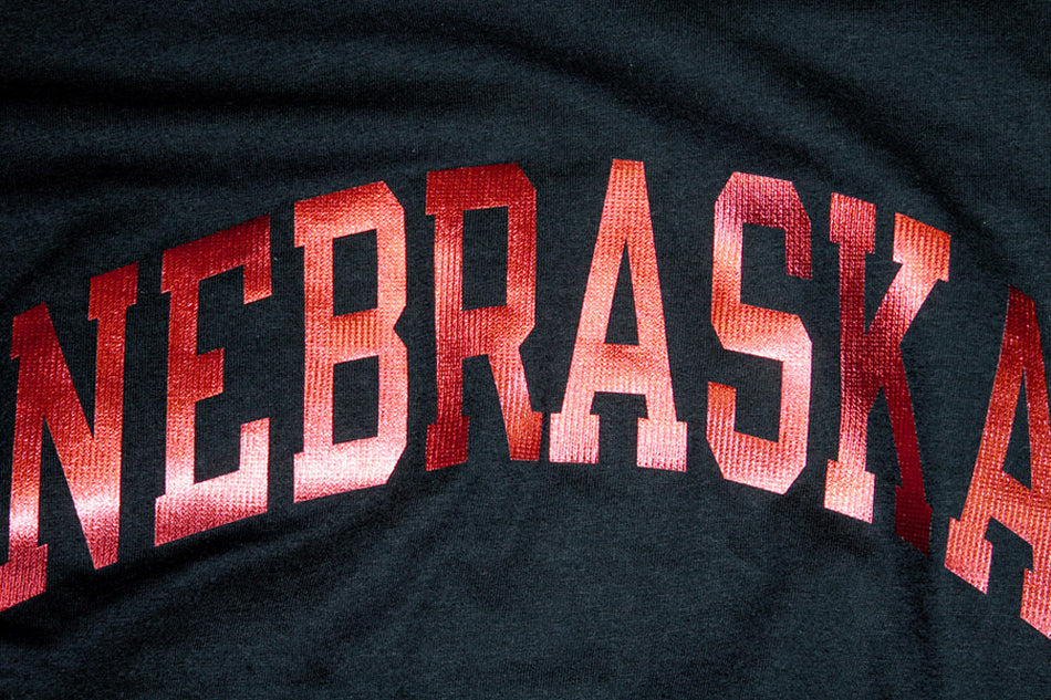 Juniors Long Sleeve Black Tee with Red Shimmer Nebraska