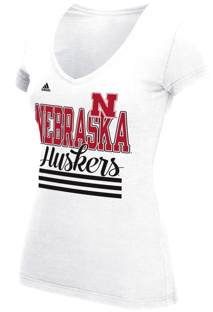 Adidas Womens Nebraska Huskers Slub 3-Stripe V-Neck Tee