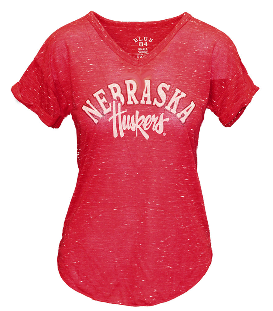 Ladies Nebraska Confetti Script V-Neck
