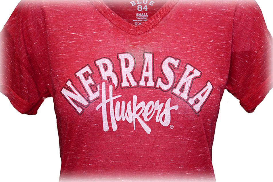 Ladies Nebraska Confetti Script V-Neck
