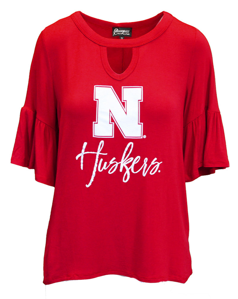 Nebraska Ladies Keyhole Ruffle Sleeve Top