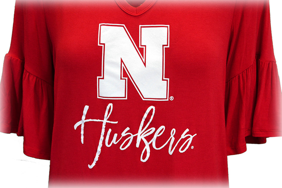 Nebraska Ladies Keyhole Ruffle Sleeve Top