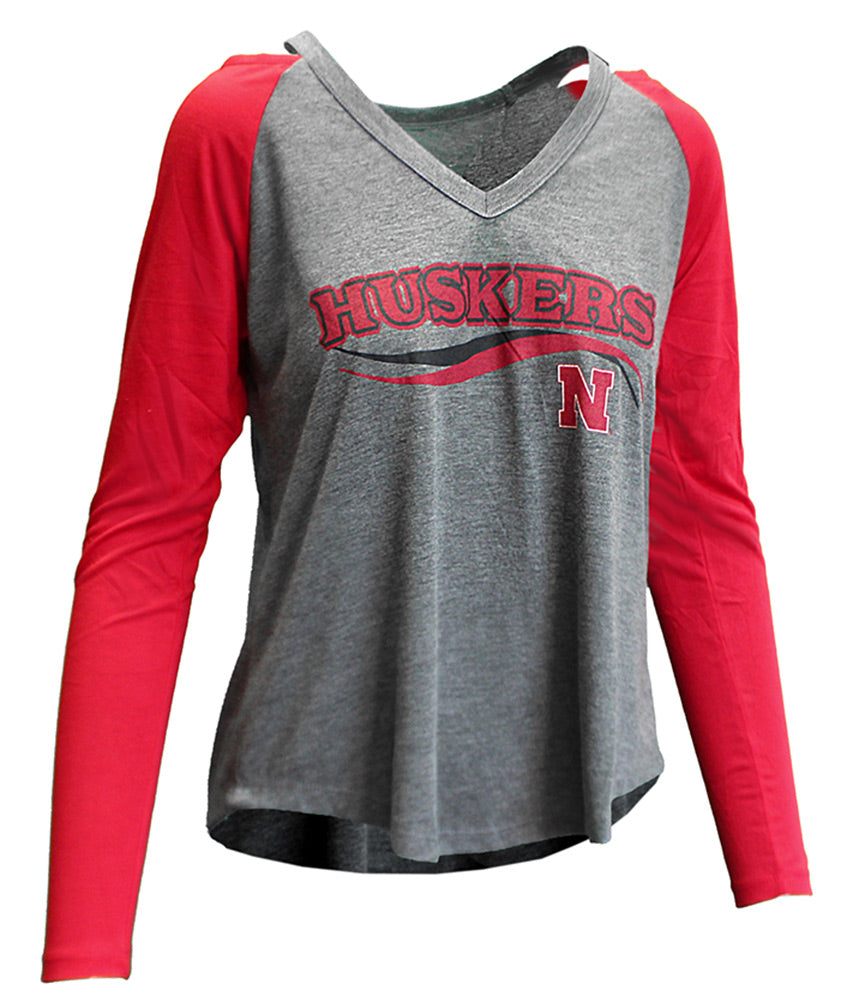 Womens Huskers Raglan Cutout LS Tee