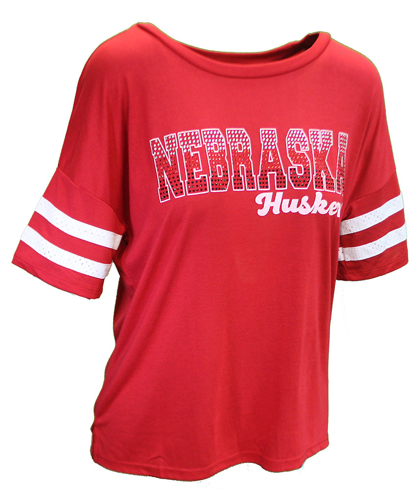 Womens Nebraska Huskers Rhinestone Jersey Stripe Top