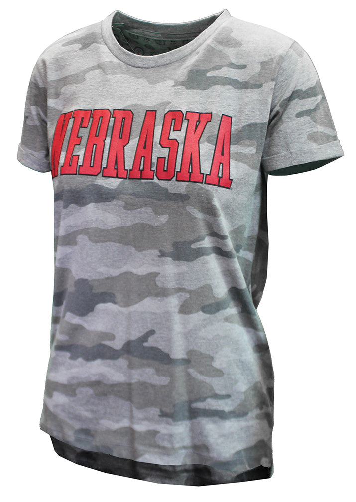 Womens Nebraska Outline Camo Cap Sleeve