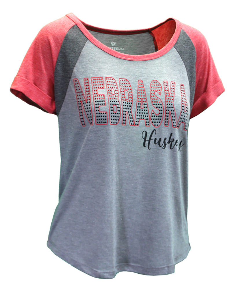 Womens Nebraska Huskers Smoked Pearl Bling Scoop Neck