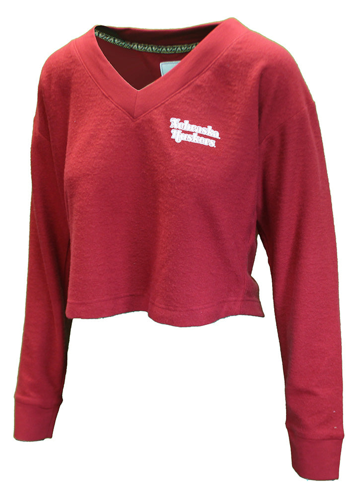 Ladies Nebraska Huskers Cozy Fleece Cropped LS V-Neck
