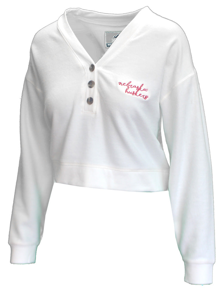 Womens Cream Nebraska Cozy Fleece V-Neck Button Up