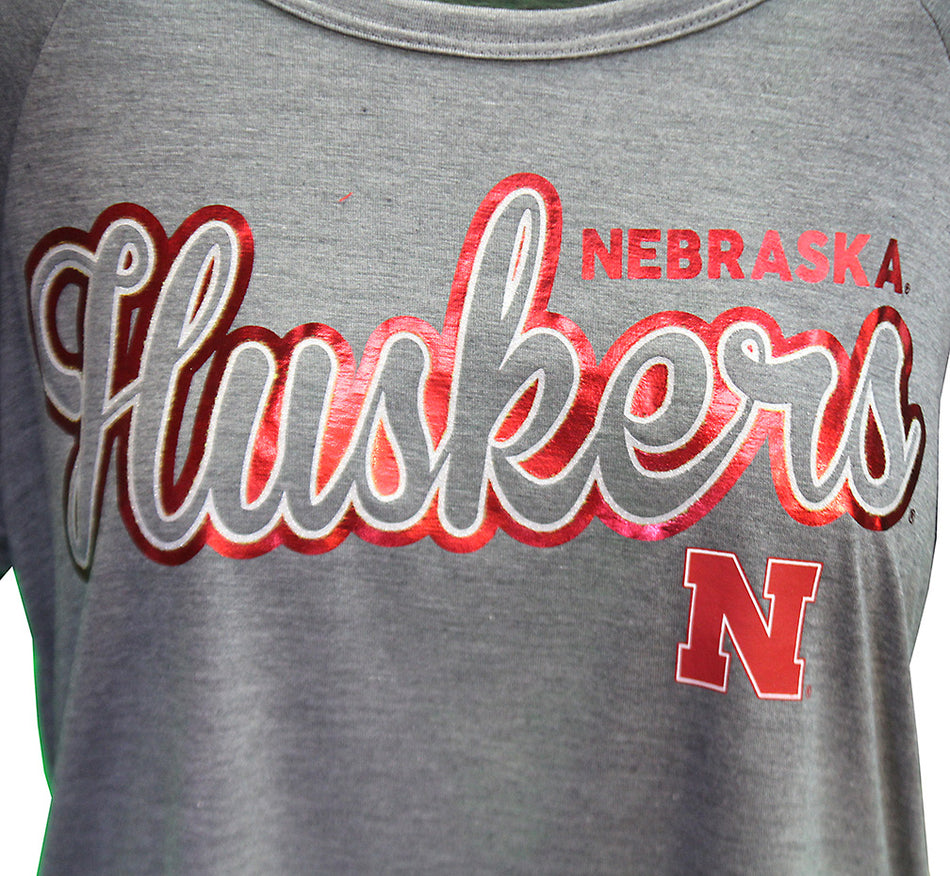 Womens Nebraska Smoked Pearl Editor Glitter Raglan SS Tee Colosseum