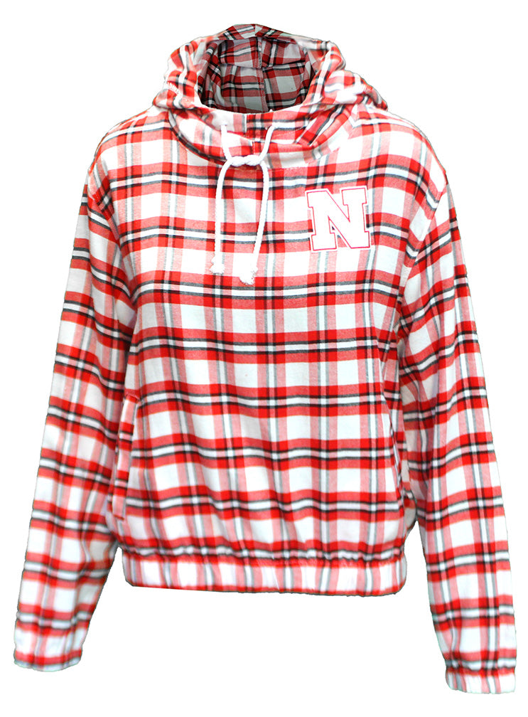 Womens Nebraska Plaid LS Hooded Top