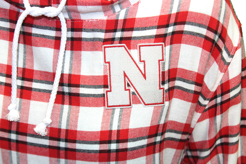 Womens Nebraska Plaid LS Hooded Top