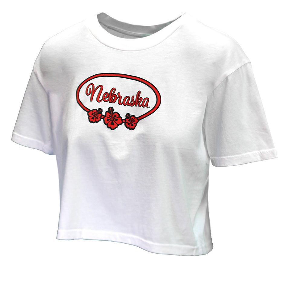 Womens Nebraska Flower Surfer Crop Tee