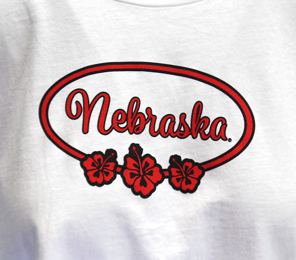 Womens Nebraska Flower Surfer Crop Tee
