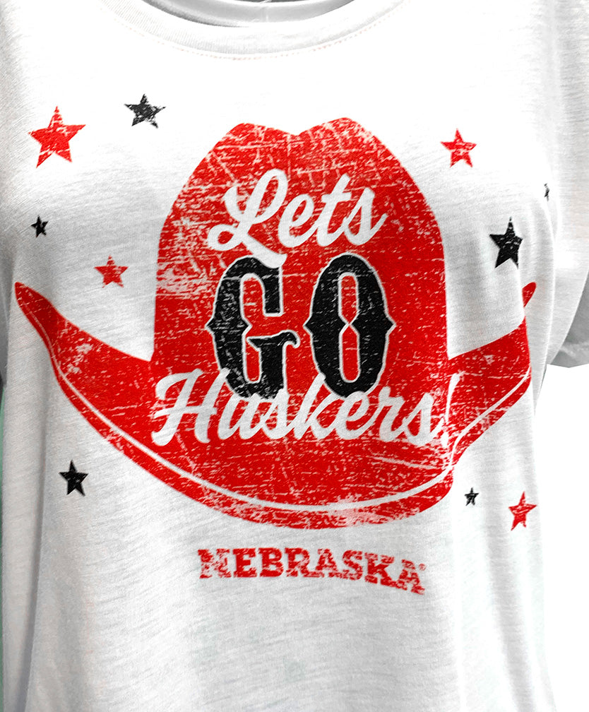 Womens Lets Go Huskers Cowgirl Hat Flowy Tee