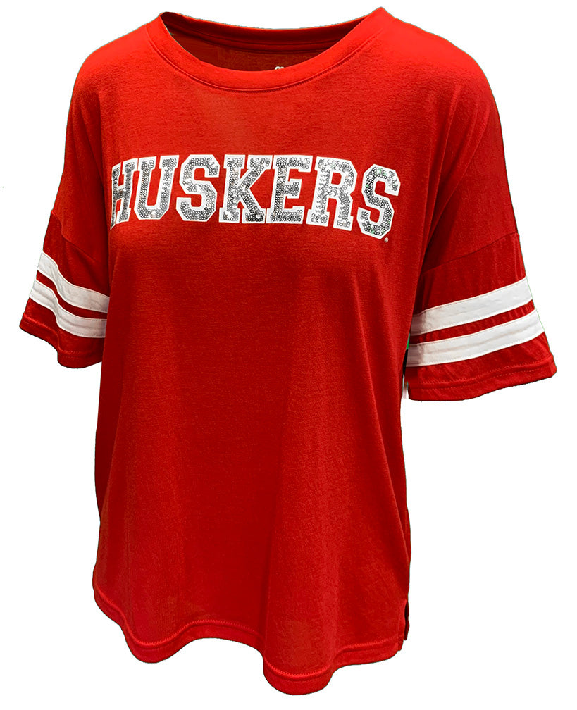 Womens Huskers Sequins Oversize Top