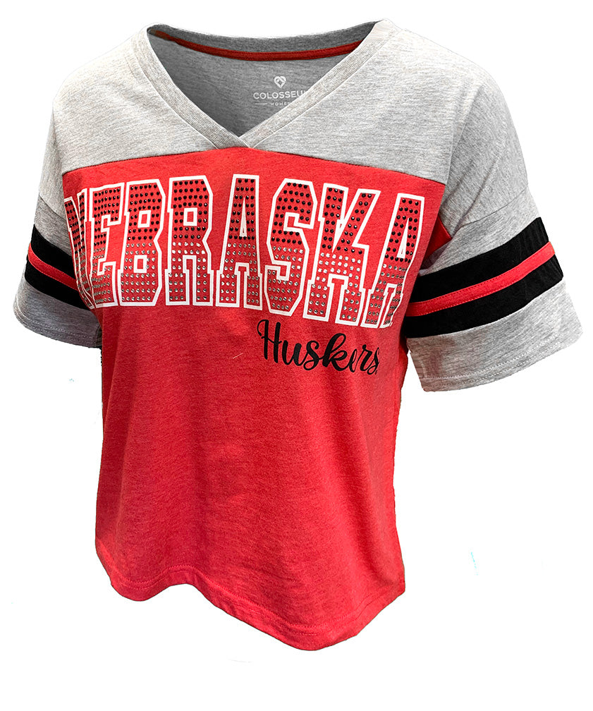 Womens Nebraska Huskers Rhinestones VNeck Top