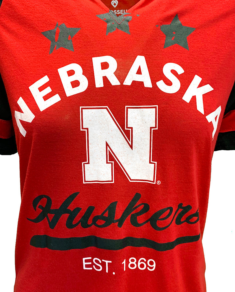 Womens Nebraska Huskers Crown Of Fire V Notch Tee