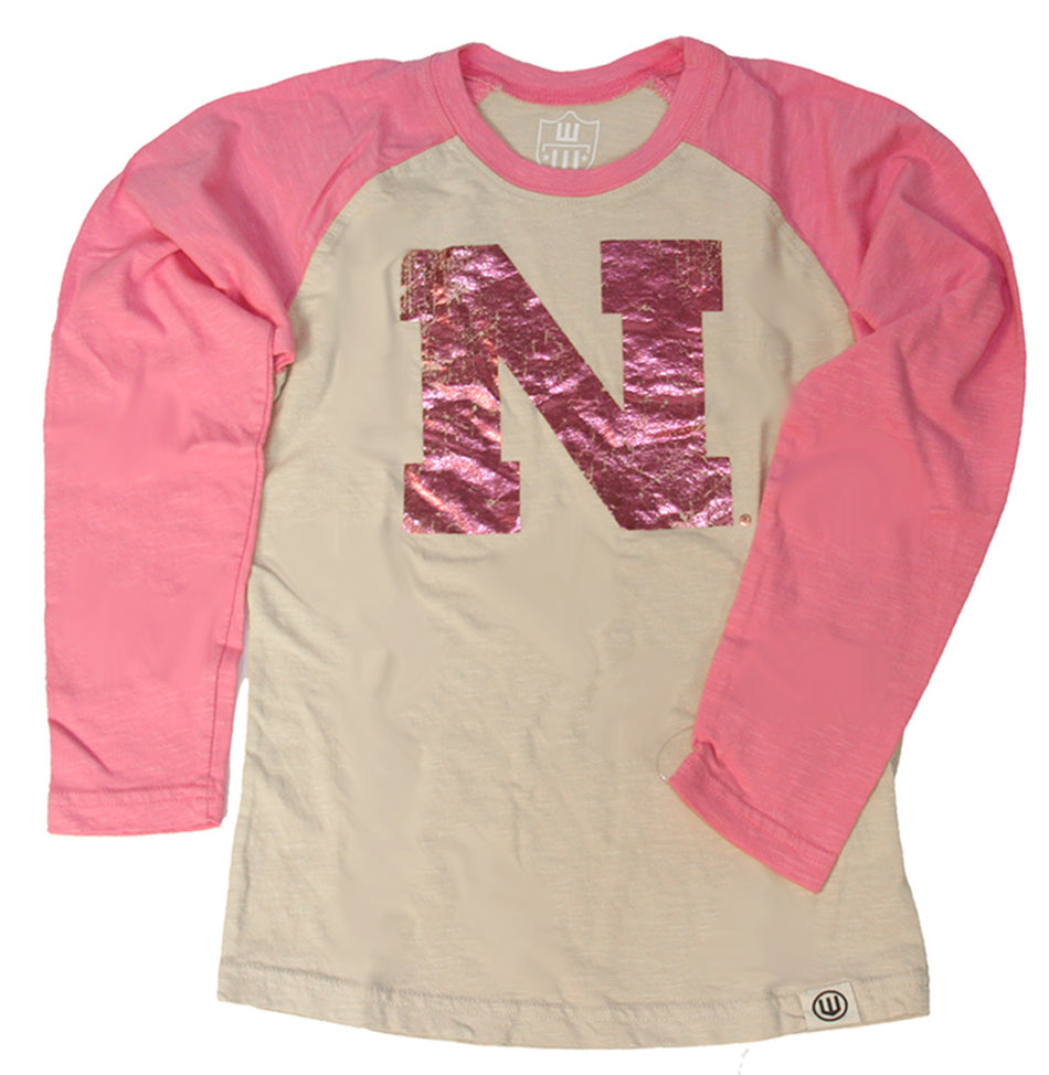 Kids Pink Foil Nebraska N Raglan Tee