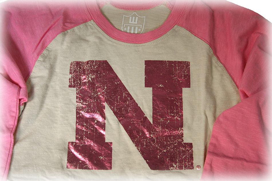 Kids Pink Foil Nebraska N Raglan Tee