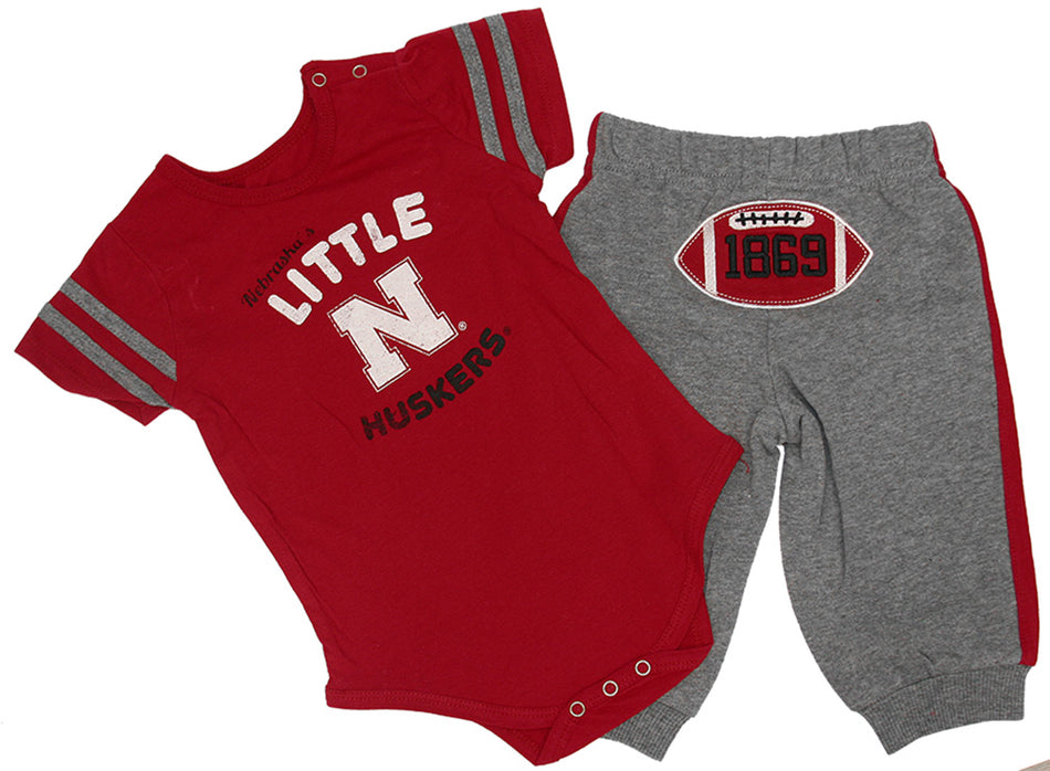 Little Husker Hut Hut Onesie Pant Set