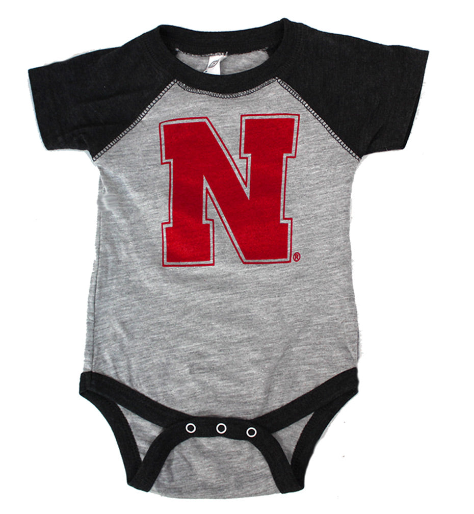 Nebraska N Charcoal Raglan Onesie
