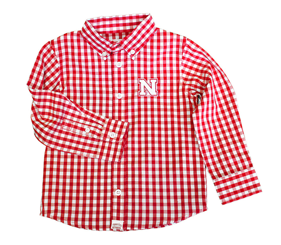Huskers Tots Gingham LS Button Up