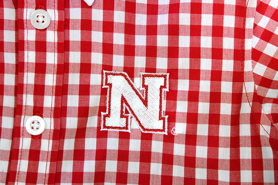 Huskers Tots Gingham LS Button Up