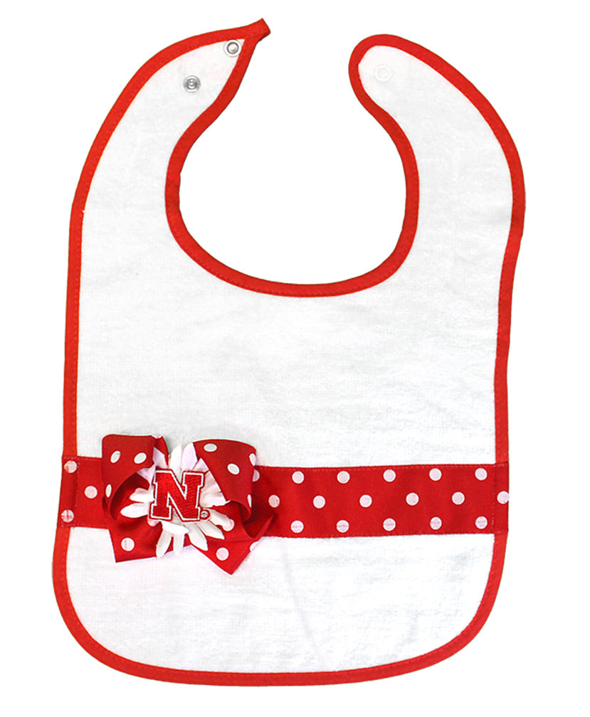 Huskers Polka Dot Flower Bow Baby Bib